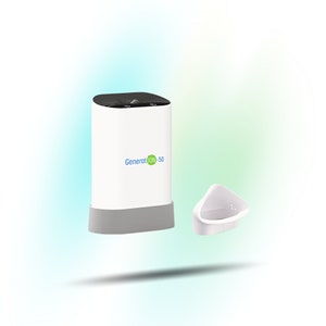 Könnte beinhalten: Ein weißes und graues elektronisches Gerät mit einer schwarzen Oberseite und dem in Blau und Grün aufgedruckten Text Generation-50 auf der Vorderseite. Ein separater weißer, dreieckiger Aufsatz befindet sich rechts neben dem Hauptgerät.