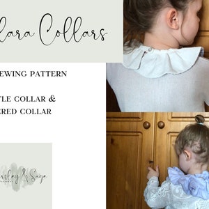 May include: A PDF sewing pattern for ruffle and tiered collars is shown. The text "Clara Collars" is in script. Two children model the collars, one in white and the other in light blue. The "Parsley & Sage Patterns" logo is also visible in the image.