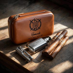 May include: A brown leather travel case with a zipper, a silver flask, a cigar cutter, and three cigars. The case has the word "Homicide" and a crest printed on it. The items are arranged on a wooden surface.