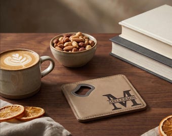 Custom Engraved Leatherette Coaster With Bottle Opener, Personalized Logo Monogram, Corporate Gift