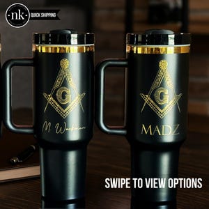 Custom Engraved Mason 40 oz Tumbler – Black and Gold or Blue & Gold