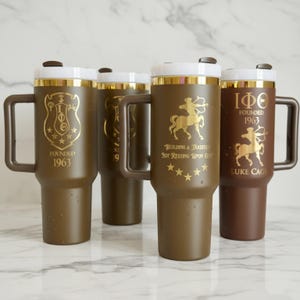 Iota Phi Theta 40 oz Handled Tumbler | Quencher-Style Cup | Brown/Gold | Personalized Engraving