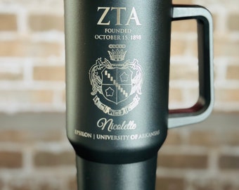 Custom Engraved Zeta Tau Alpha Travel Tumbler with Handle (40 oz)