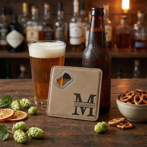 Dessous de verre en similicuir gravés personnalisés, logo ou monogramme personnalisé, avec option ouvre-bouteille