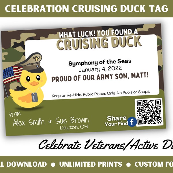 Veterans & Active Duty Military Members Celebration, Custom Cruising Duck Tags, Printed Digital Download, Customizable, Cruise Gift