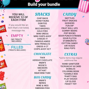 May include: A party favor bundle menu featuring a list of snacks, candy, chocolate, box candy, and extras. The text includes Party Favors, Build your bundle, and lists items like Skittles, Twix, and Doritos. The design has pink and blue accents.