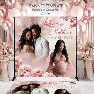 Könnte beinhalten: Ein rosa-weißer Babyparty-Hintergrund mit floralem Design und dem Text "Jayson & Malika's Baby Shower".