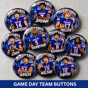May include: A collection of nine circular buttons featuring individual portraits of football players in blue jerseys with the text HURRICANES and their respective last names and jersey numbers, set against a blue lightning background.