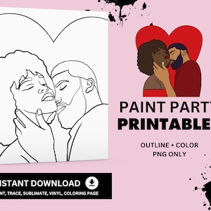 Black Couple PNG Outline, Sip and Paint Party Clip Art, Paint Party Printable, pre-drawn canvas outline, coloring page, diy paint party