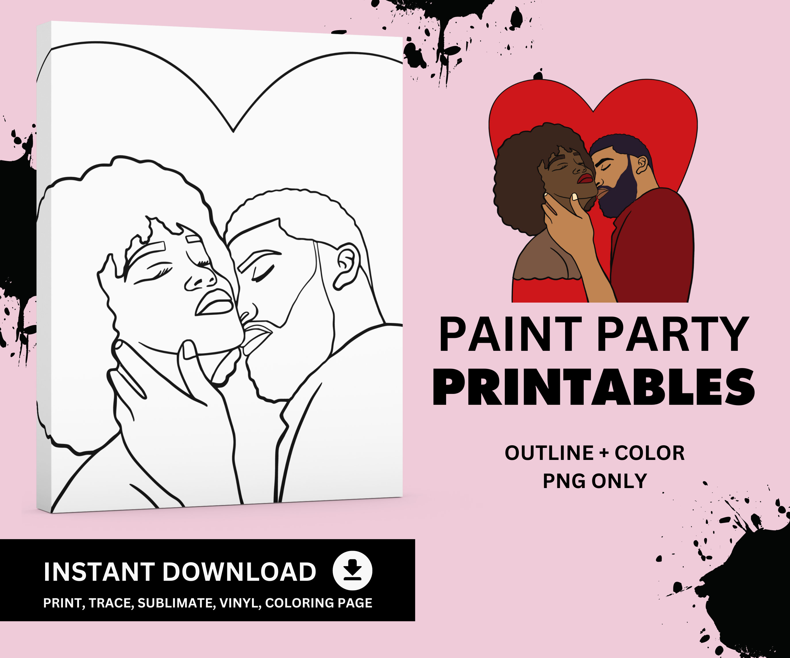 Black Love / Pre-drawn Canvas / Pre-sketched Canvas / Outlined Canvas / Sip  and Paint / Paint Kit / Canvas Painting / DIY Paint Party 