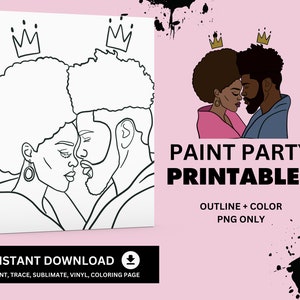 Schwarzes Paar König und Königin, PNG Gliederung, Sip und Paint Party Clip Art, Paint Party zum Ausdrucken, vorgezeichnete Leinwand Gliederung, Malseite