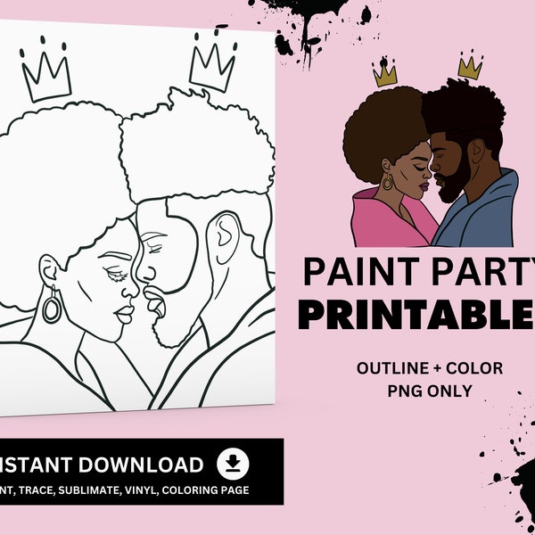 Black Couple King and Queen, PNG Outline, Sip and Paint Party Clip Art, Paint Party Printable, contour de toile pré-dessiné, coloriage