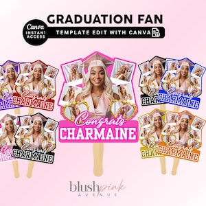 Puede incluir: Una colecci&oacute;n de abanicos de graduaci&oacute;n en varios colores, cada uno con una foto de una graduada y el texto "Congrats CHARMAINE." Los abanicos tienen un mango de madera y est&aacute;n decorados con un birrete y fotos. El texto "GRADUATION FAN" est&aacute; en la parte superior.