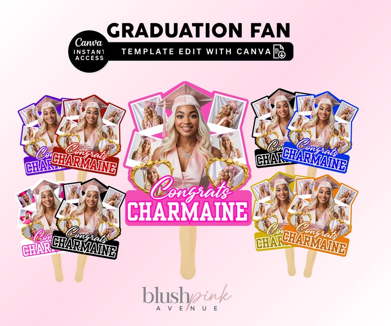 Puede incluir: Una colecci&oacute;n de abanicos de graduaci&oacute;n en varios colores, cada uno con una foto de una graduada y el texto "Congrats CHARMAINE." Los abanicos tienen un mango de madera y est&aacute;n decorados con un birrete y fotos. El texto "GRADUATION FAN" est&aacute; en la parte superior.