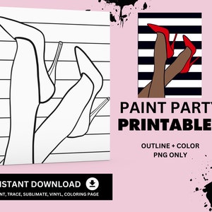 Red Heel Shoes PNG Outline, Sip and Paint Party Clip Art, Paint Party Printable, pre-drawn canvas outline, coloring page, diy paint party