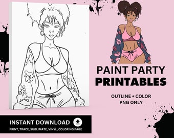 GIRL PNG Outline, Sip and Paint Party Clip Art, Paint Party Printable, pre-drawn canvas outline, coloring page, diy paint party