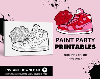 Sneaker with Roses, PNG Outline, Sip and Paint Party Clip Art, Paint Party Printable, pre-drawn canvas outline, coloring page