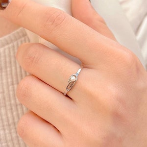 Sterling Silver Pearl ring, 18K Gold plated simple pearl midi ring, minimalist paper clip ring, dainty pinky ring, gift for her