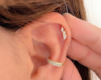 Petite boucle d'oreille en cartilage de feuille de cz, piercing hélice 18G, boucle d'oreille boule vissée en argent sterling, bijoux de piercing plaqué or, cadeau pour elle