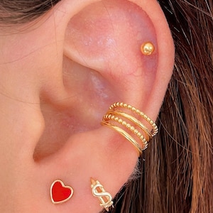 Beaded & smooth conch ear cuff no piercing, 925 Sterling Silver wide cartilage earring, minimalist Gold huggie wrap earring, fake piercing