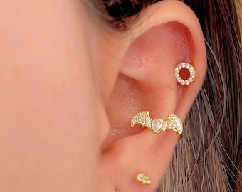 Orecchino a polsino con pipistrello in zirconi cubici, argento sterling 925, gioielli di Halloween