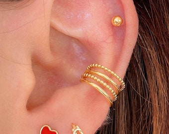 Ear cuff ancho de 4 bandas con bolitas y lisas de Plata de Ley 925 y baño de Oro, pendientes de cartílago, aretes de cartílago