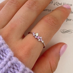 Colorful Cluster Ring for Women, Dainty Sterling Silver Stacking Ring, Minimalist Ring, Cz Anniversary Ring, Promise Ring, Gift for her