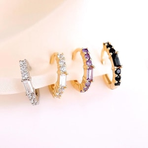 Baguette CZ Huggie Hoop Sterling Silver Cartilage Earrings Helix Black Clear Purple CZ Earrings Gold plated minimalist jewelry Gift for Her