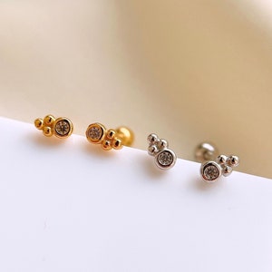 Tiny triple ball and cz screw back earring in Sterling Silver, 20G Gold plated cartilage earring, helix jewelry, cartilage piercing