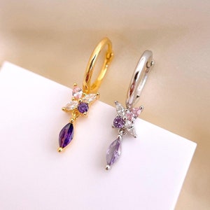 Aros flor de Plata de ley con circonitas moradas rosadas y blancas, aro para lóbulo y cartílago con baño de Oro, pendientes de flores