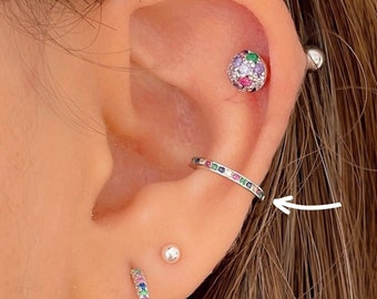 Manchette d’oreille de conque arc-en-ciel sans piercing, boucles d’oreilles cz multicolores Sterling Silver, boucles d’oreilles de manchette d’oreille colorées pour femmes, bijoux arc-en-ciel