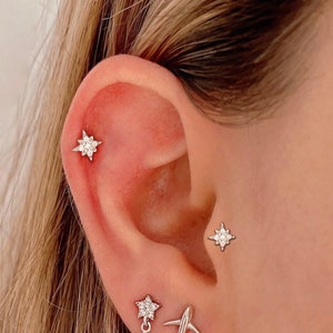 Piercing  de oreja de estrella con cierre plano de Plata de ley para tragus, helix, lóbulo y cartílago, pendiente estrella con baño de Oro