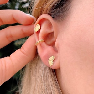 Butterfly wing earrings, Sterling Silver half butterfly stud earrings, Gold plated double pierced earrings, butterfly cartilage earrings