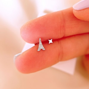 Set de pendientes de Plata de ley para lóbulo o cartílago, pendiente de torre Eiffel con circonitas, pendiente mini estrella