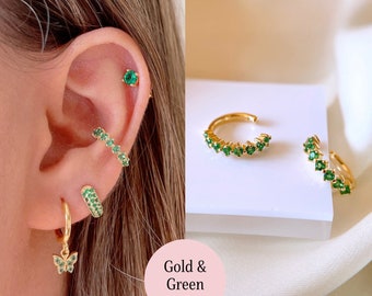 Cz conch ear cuff earrings, 925 Sterling Silver ear wrap, Gold plated cartilage earring, non pierced pink, green, white and orange earrings