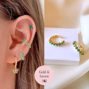 Cz conch ear cuff earrings, 925 Sterling Silver ear wrap, Gold plated cartilage earring, non pierced pink, green, white and orange earrings 1- Gold - Green CZ