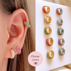 Orecchini a cerchio minuscoli con pavé di zirconi cubici, orecchini a cartilagine con zirconi cubici verdi in argento sterling 925, orecchini a cerchio rosa, orecchini a elica arancioni, gioielli minimalisti