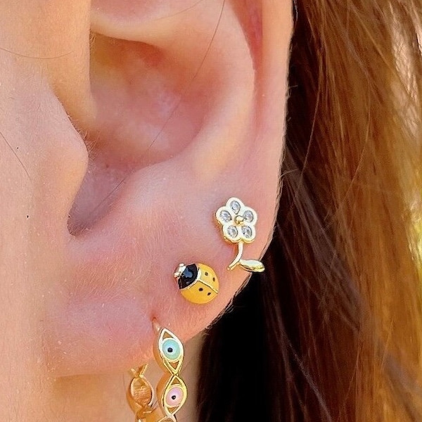 Little Forget-me-not Flower Stud Earrings in Sterling Silver, Cute CZ Flower Blossom Earrings, Fun, Whimsical Girl Earrings, Nature Jewelry