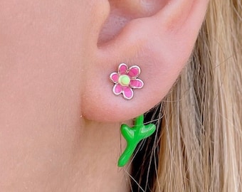 Boucles d'oreilles fleur roses, clous floraux colorés en argent sterling, boucles d'oreilles plaquées or à l'avant et à l'arrière, boucles d'oreilles doubles minimalistes
