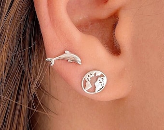 Dolphin and world map earring set in Sterling Silver, mismatched stud earrings, traveler earrings, ocean lover gift, travel jewelry