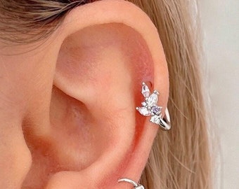 Marquise Cz-bladoorbel, sprankelende olijfbladtak kraakbeenoorbel, sterlingzilveren 18G helix piercing, gouden Huggie Hoops, cadeau voor haar