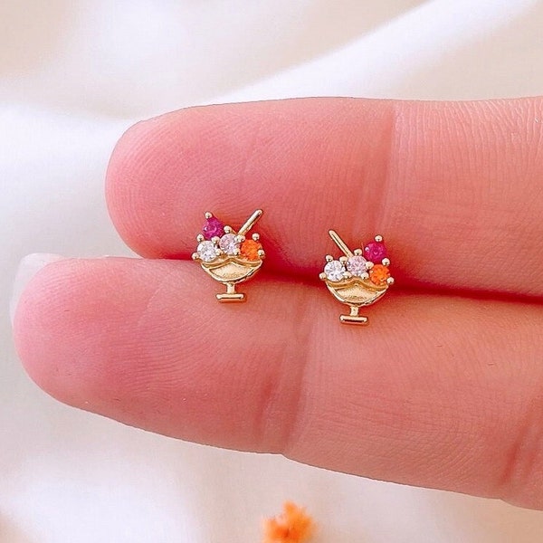 Tiny ice cream bowl stud earrings in Gold plated Sterling Silver, pink and orange cz studs, cute miniature food jewelry, summer gift for her