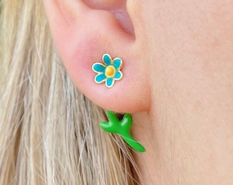 Blauwe bloem oor jas oorbellen, Sterling zilveren kleurrijke bloemen studs, vergulde oorbellen aan de voorkant, minimalistische dubbele oorbellen