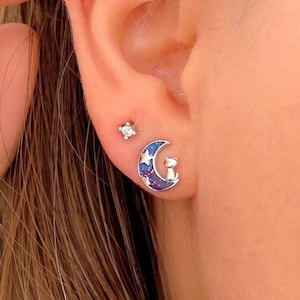Orecchini a bottone con simpatico gatto sulla luna, orecchini a perno in argento sterling a forma di animale per ragazze e donne, orecchini in smalto blu, regalo per amanti dei gatti, gioielli per gatti