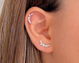 Boucle d'oreille feuille marquise Cz, boucle d'oreille de cartilage branche de feuille d'olivier scintillante, piercing hélix en argent sterling 18G, piercing de conque intérieure en or