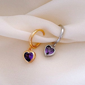 Créoles câlins coeur cz violet pour femme, boucles d'oreilles pendantes avec breloque coeur en argent sterling, câlins coeur en plaqué or, bijoux coeur, cadeau d'anniversaire