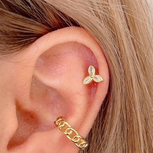 Boucle d'oreille feuille fleur, boucle d'oreille feuille cartilagineuse scintillante, piercing hélice en argent sterling 18G, piercing conque intérieure en or