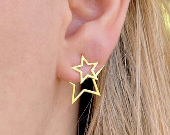 Double Star Ear Jacket Sterling Silver Two Star Earrings, Gold Front Back Earrings, Double Sided Earring, celestial jewelry, Gift for Her