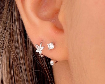 CZ ear jacket earrings in Sterling Silver, curved barbell front back earrings, Gold plated double sided earring, minimalist huggie earrings