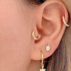 Triple band tragus earring 22g, Sterling Silver tiny cartilage piercing, Gold plated tragus piercing hoop, triple helix hoop, tragus jewelry